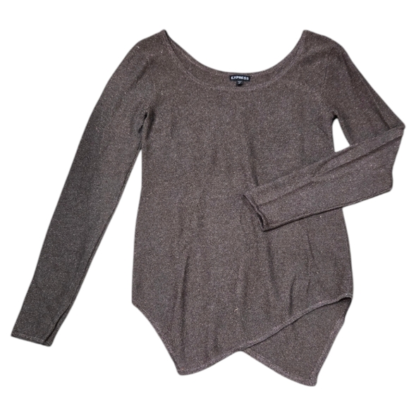 Express Gray With Silver Glitter Tunic Ribbed Uneven Wedge-like Sweater M - Picture 3 of 7